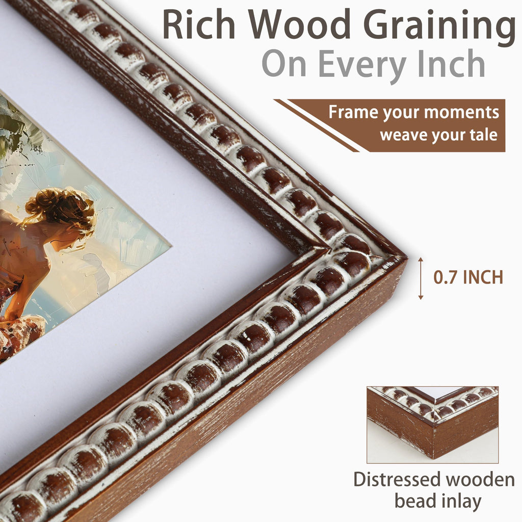Square 8x8 Picture Frame with Mat for 6x6/4x4, Distressed Beaded Wood, Real Glass, Whitewashed Farmhouse Style for