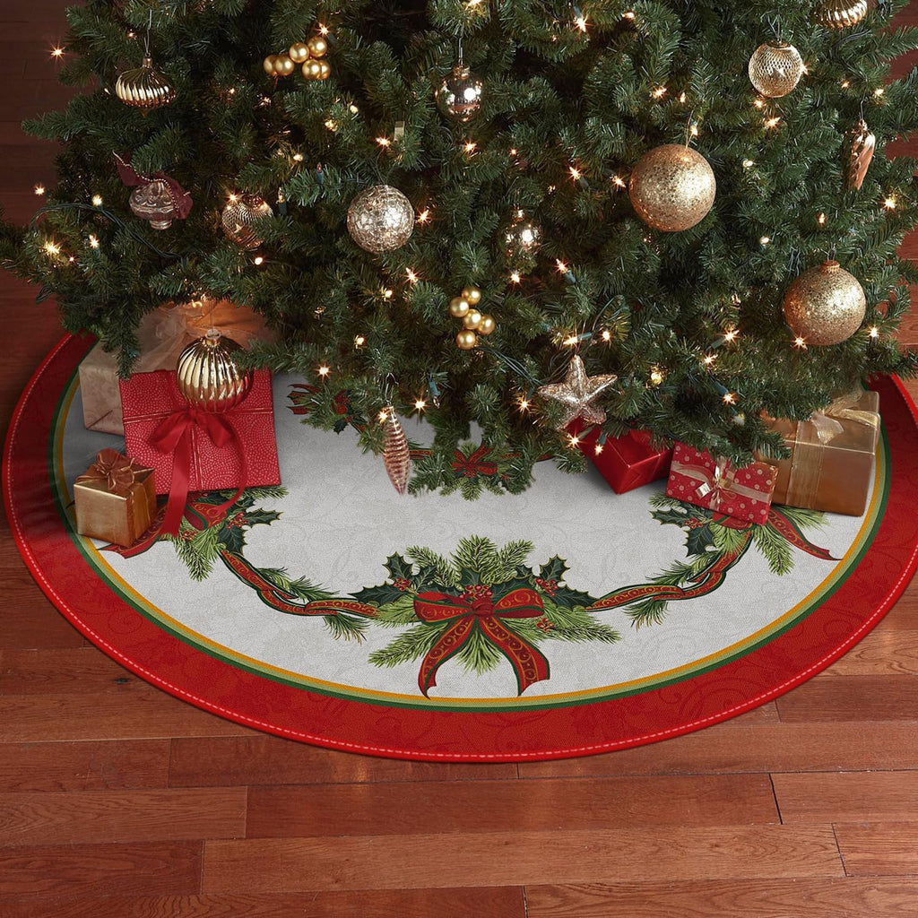 Christmas Tree Skirt 48 Inch, Christmas Ribbon Holly Winter Holiday Tree Mat Decoration