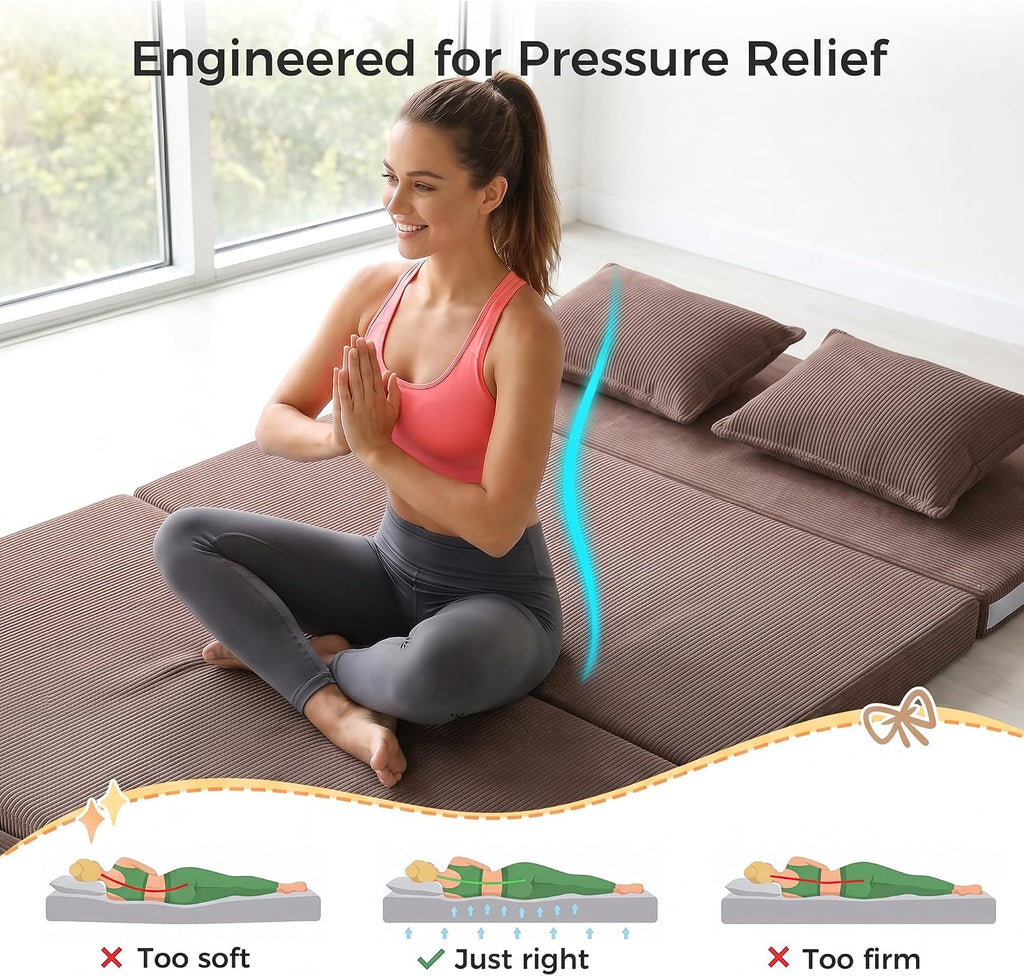 Tri-Fold Futon Mattress, Foldable Japanese Floor Sleep Mattress, High-Density Foam Tatami Bed Mat with Corduroy