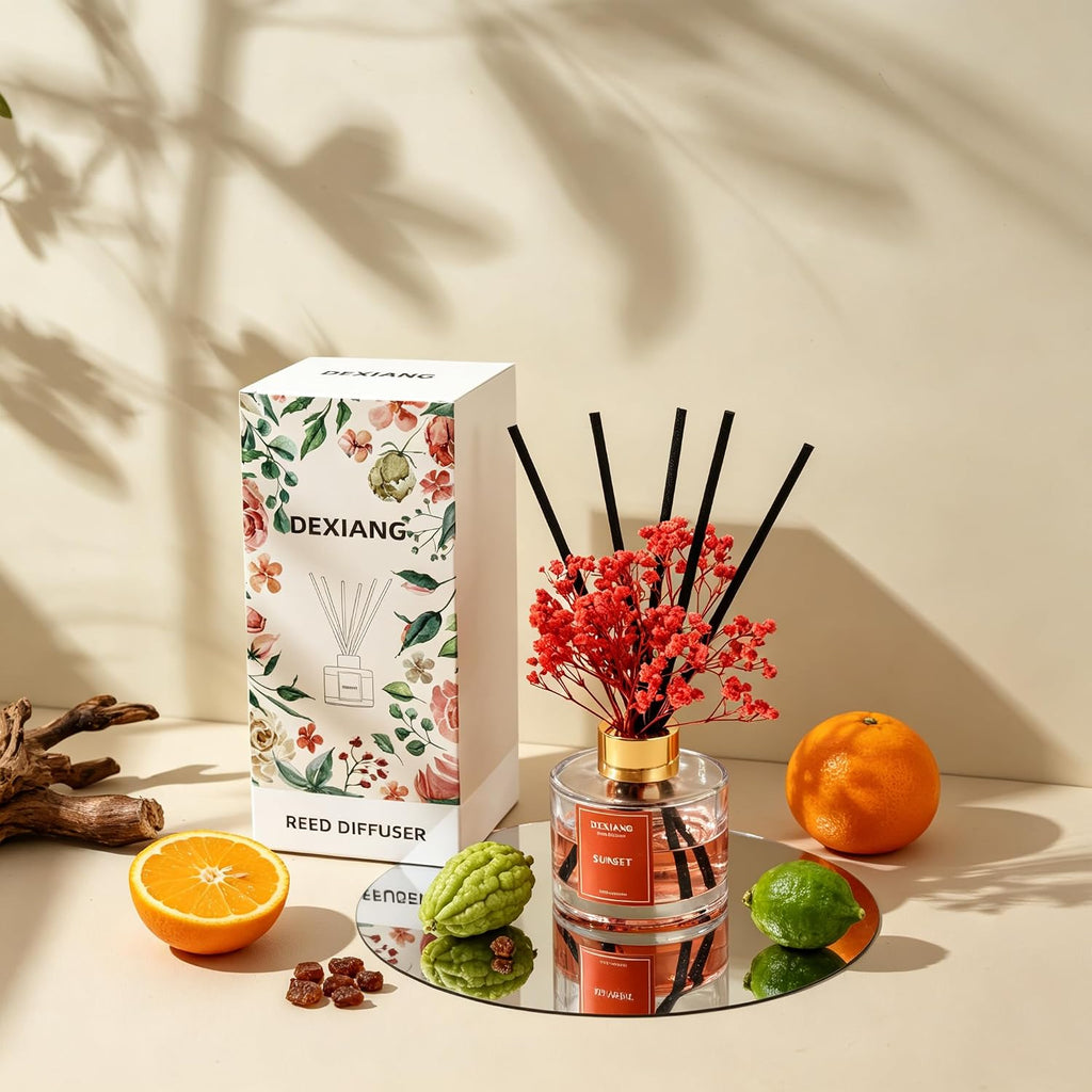 Reed Diffuser Set,3.38 fl oz (100 ml) - Sunset Oil Diffusers with 6 Reed Sticks Shelf Decor - Set of 338