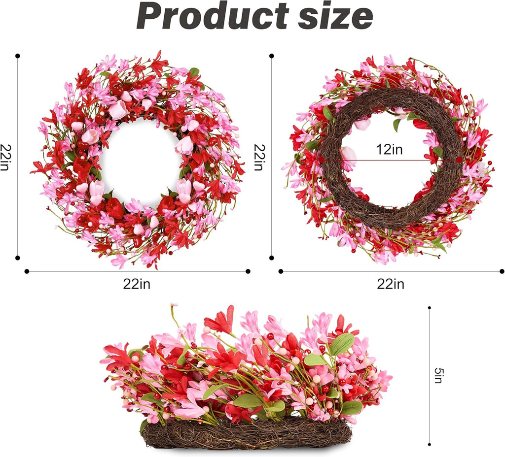 Valentine's Day Wreath 22 Inch Valentines Day Wreaths for Front Door Valentine Door Wreath with Red Berries Pink