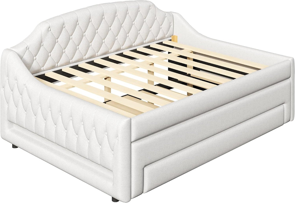 Upholstered Full Size Daybed with LED Lights, Trundle & 3 Drawers, Linen Sofa Bed for Guest Room & Small Spaces