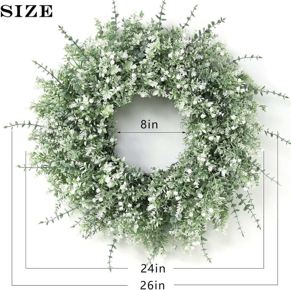 26" Large Artificial Eucalyptus Wreath for Front Door Decor (White-Green)