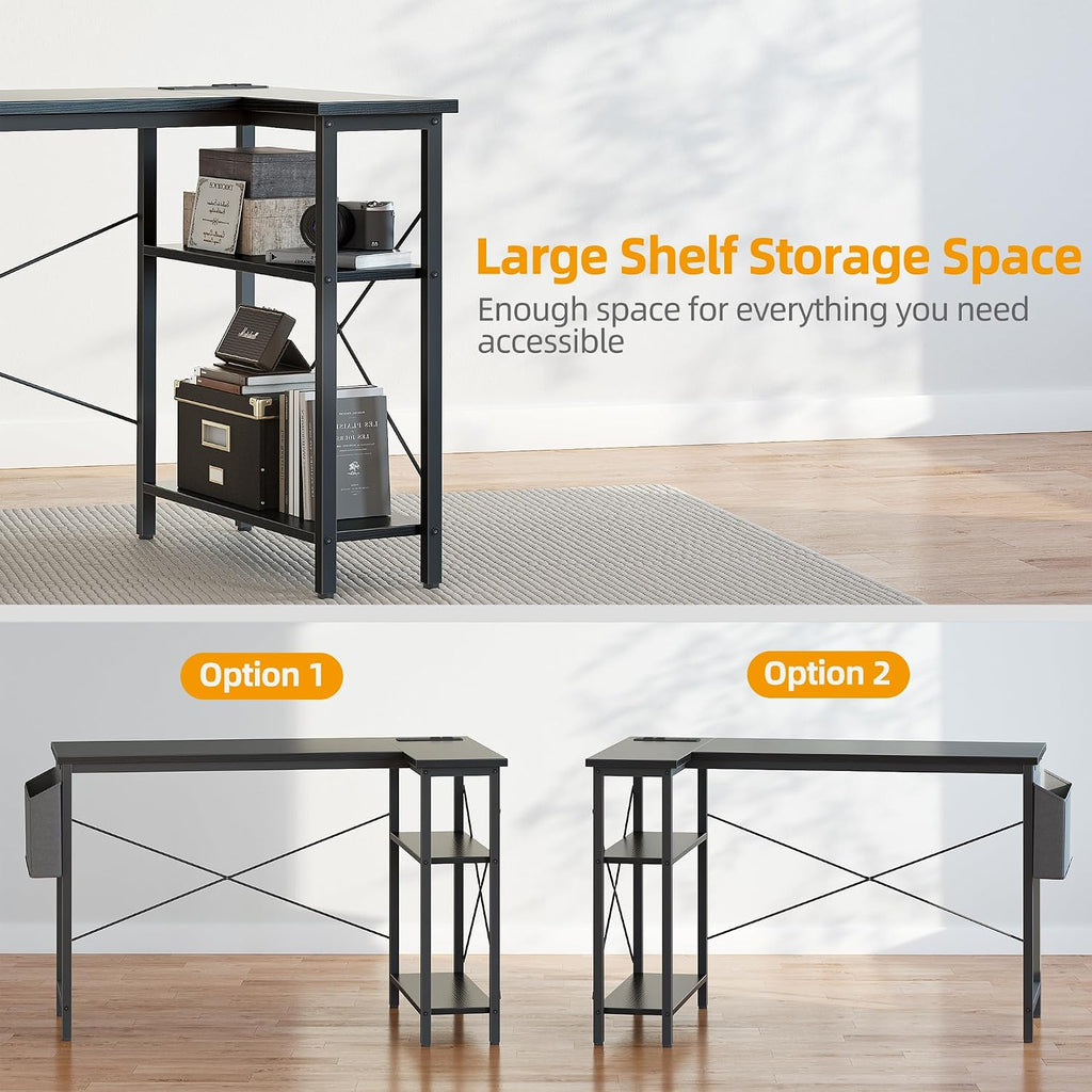 L Shaped Computer Desk with Power Outlets, 47 Inch Small Corner Desk with Reversible Shelves, Gaming Desk Computer