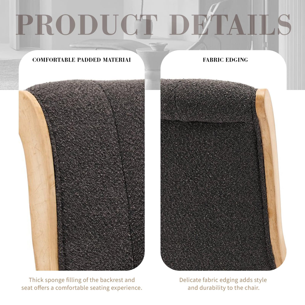 Boucle Fabric Set of 6, Curved Wood Trim and Sculpted Solid Wood Legs (Grey)