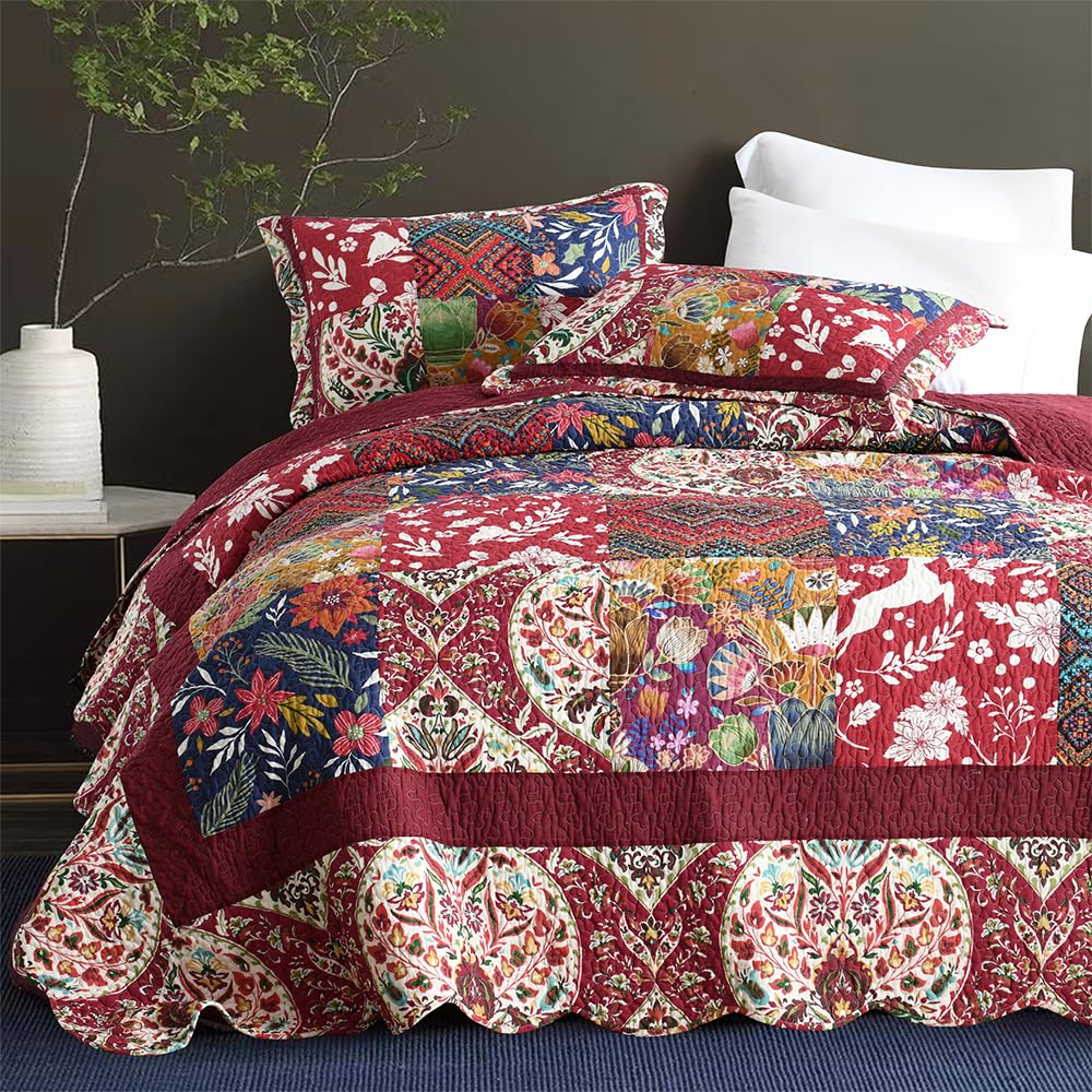 Cotton Bedspread Quilt Sets with 2 Shams, Soft Reversible Bedding Coverlet Sets Lightweight Comforters, Vintage