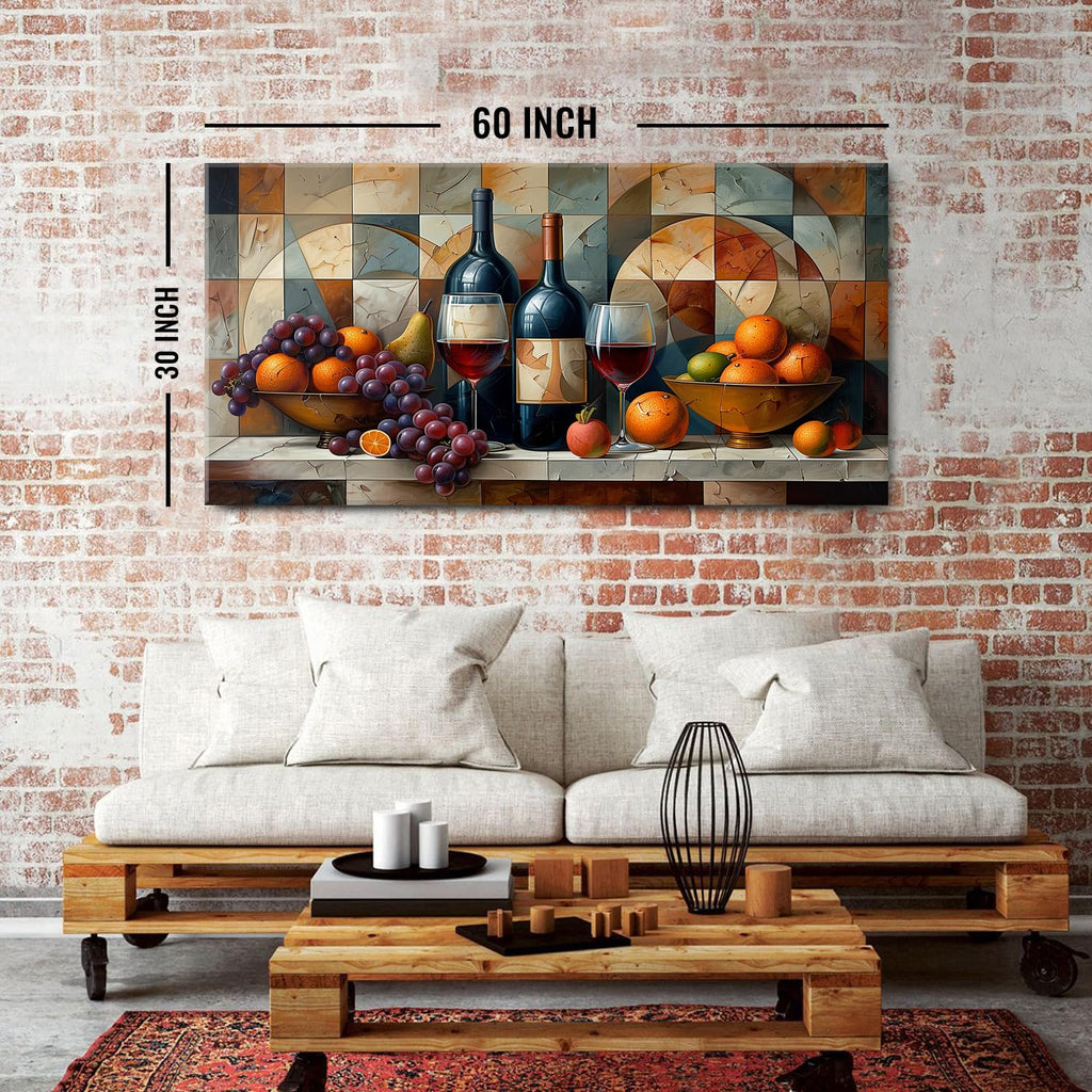 Geometric Kitchen Wall Art Abstract Wine Canvas Prints Red Wine Glass and Fruit Pictures Rustic Farmhouse Still Life
