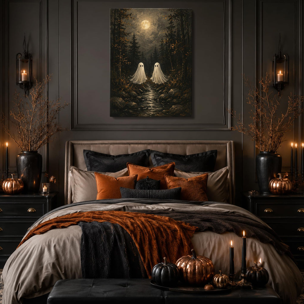 Halloween Canvas Wall Art, Two Ghosts Moonlit Forest Halloween Pictures