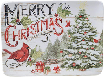Evergreen Christmas 16x12 Rectangular Serving Platter with Santa & Tree Design - Festive Holiday Ceramic Tray