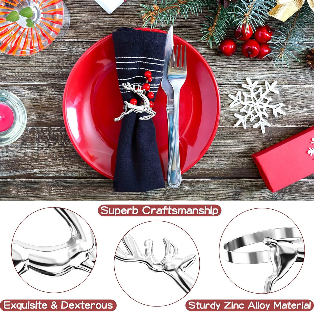 Christmas Silver Reindeer Napkin Rings for Table Decoration - Set of 8