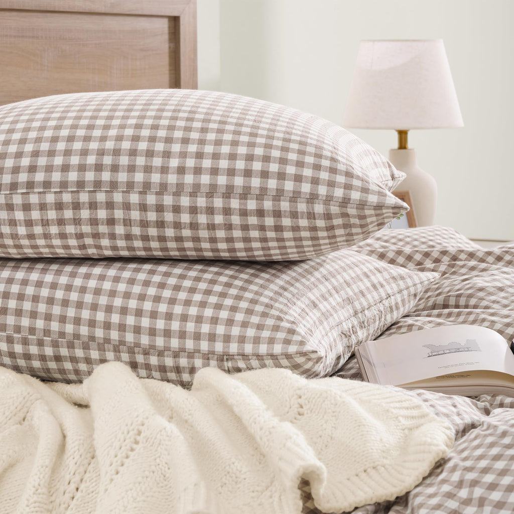 Tan Gingham Duvet Cover, 100% Wash Cotton Bedding Set 3 Piece