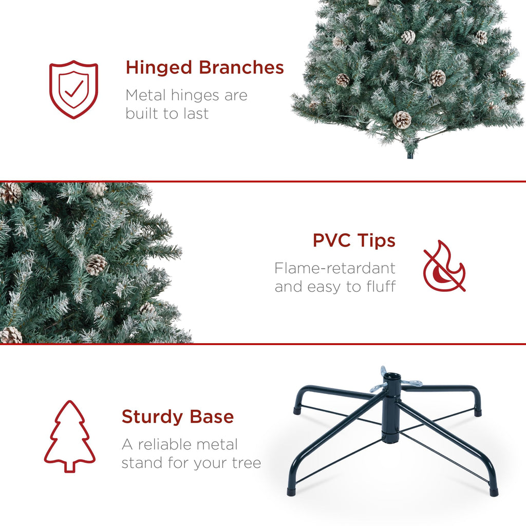 6ft Pre-Decorated Holiday Christmas Tree, Party w/1, 000 Tips, Partially Flocked, Pinecones, Base - Blue Spruce