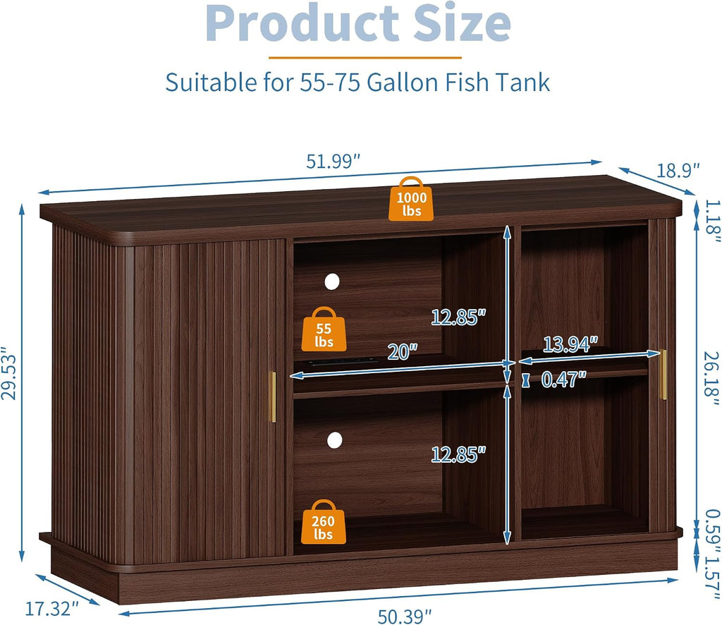 55-75 Gallon Fish Tank Stand with Power Outlet, Mid Century Modern Aquarium Stand with Adjustable Shelves and Sliding