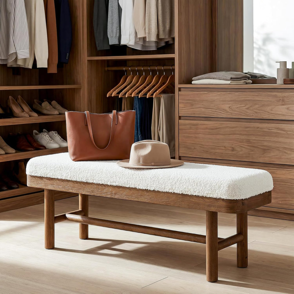 55" Upholstered Bedroom Bench, Solid Wood End of Bed Bench, Modern Indoor Bench with Cushion , White & Brown