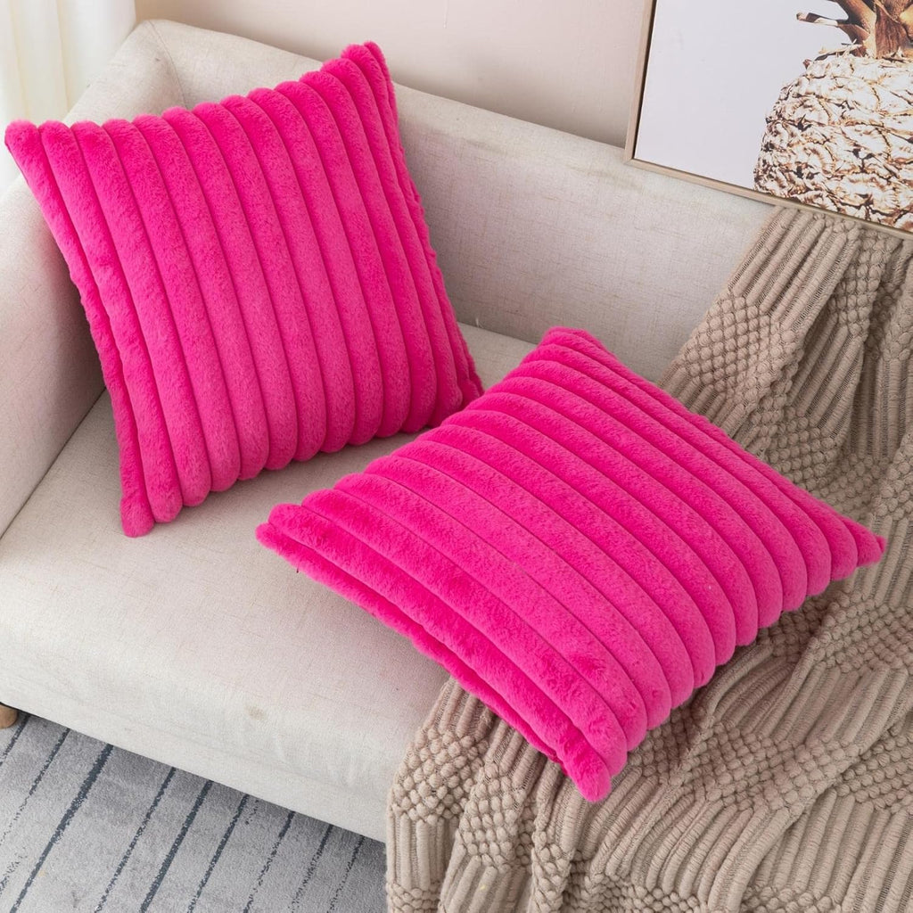 Set of 2 Hot Pink Faux Fur Decorative Throw Pillow Covers Fluffy Striped Pillowcase Cushion Covers 18 x 18 Inch Decor