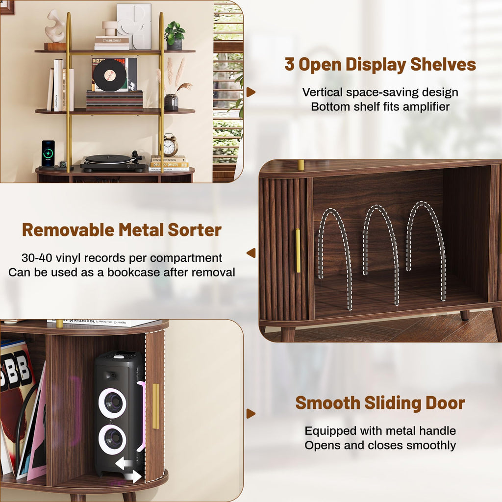Tall Record Player Stand with Charging Station, 3 Tier Arched Shelf & Vinyl Record Storage Cabinet, Mid Century