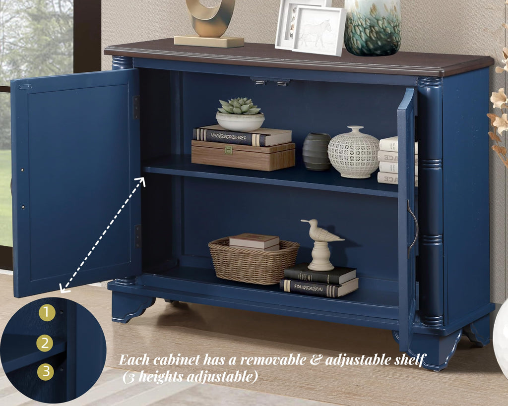 40" Sideboard Buffet Accent Storage Cabinet with Carved Pattern Side Board Solid Wood Frame (Blue+Brown)