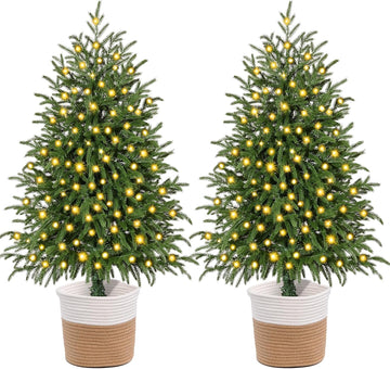 3FT 2PCS Small Christmas Tree with Lights, Pre-Lit Norfolk Pine Tree Potted