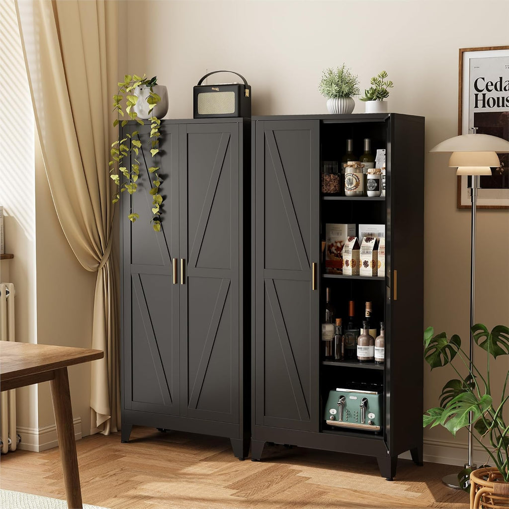 61" Metal Pantry Cabinet in Black, Modern Storage Cabinet with Adjustable Shelves, Sturdy Metal Cupboard Organization