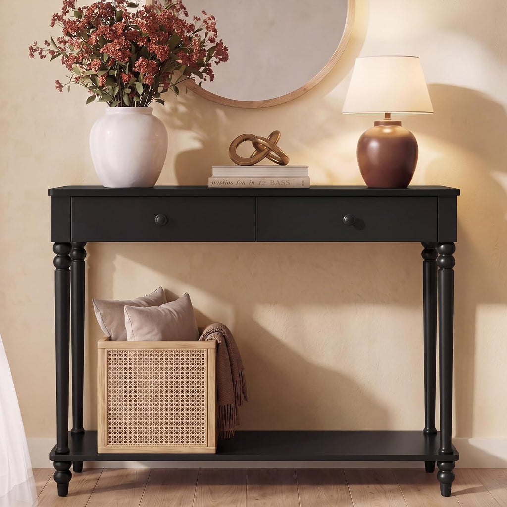Mariel Collection - Console Table, Narrow Entryway Sofa Table with Drawers and Shelf, Solid Wood Legs, Mid-Century
