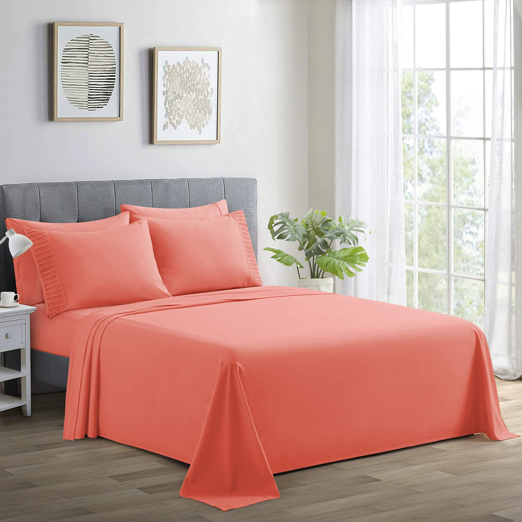 Ultra Soft Silky Deep Pocket Solid Rayon from Bamboo All Season 6 Pieces Sheet Set with 4 Pillowcases, Coral Color