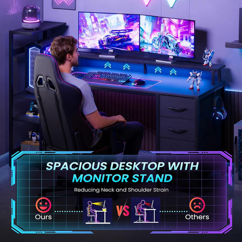 51in Gaming Computer Desk with Drawers & Power Outlet & LED Lights, Black | Gaming Table, Escritorio Gamer
