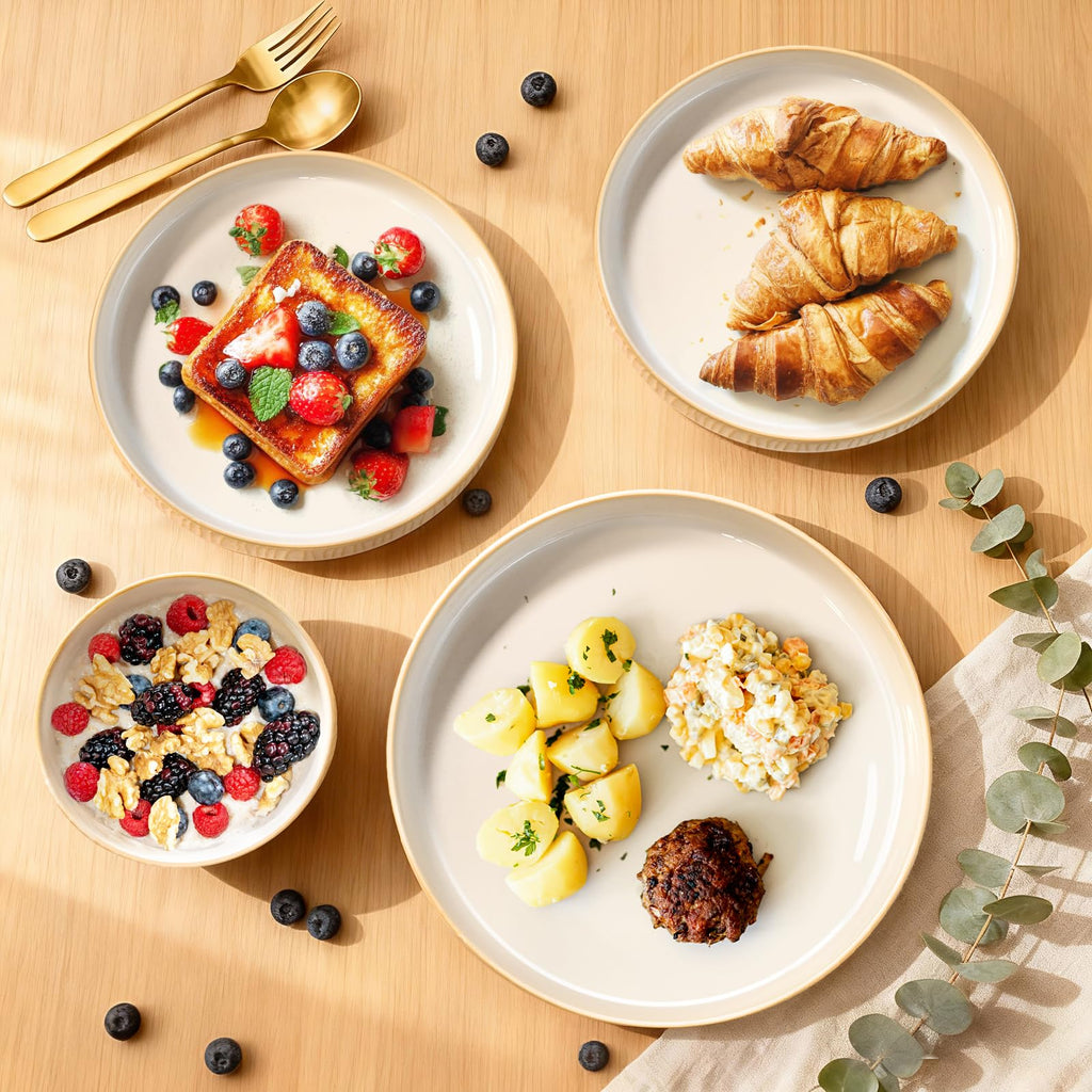 Reactive Glaze Ceramic Plates and Bowls Sets for 4, Stoneware Dinnerware Sets, Housewarming Gifts, Chip Resistant