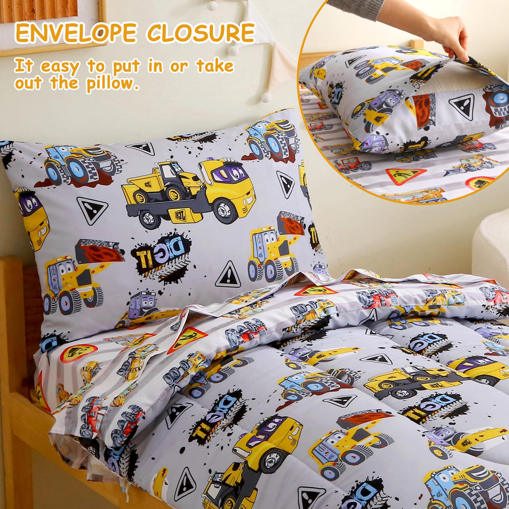 Toddler Bedding Sets for Boys, 4 Pieces Grey Heavy-Duty Vehicles