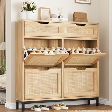 Rattan Shoe Cabinet, Boho Shoe Storage Cabinet with 4 Flip Drawers and 2 Drawers, Narrow Freestanding Shoe Rack with