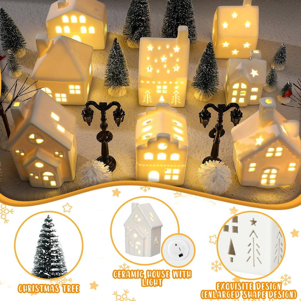26 Pcs Ceramic Christmas Village Set LED Lighted White,Classic