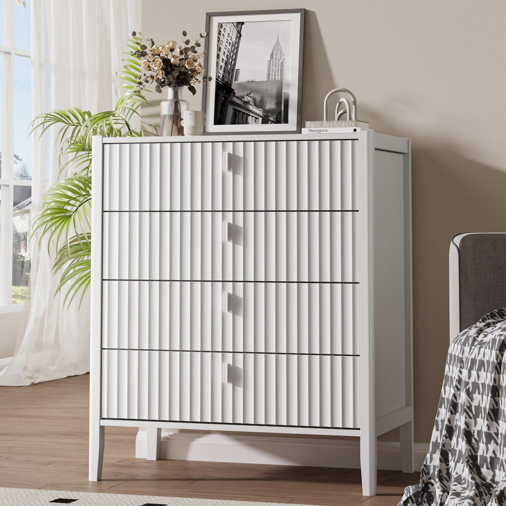 White 4 Drawer Dresser, Modern Chest of Drawers, Wood Fluted Dresser Organizer with Deep Drawers for Clothes