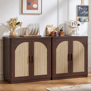 Fluted Buffet Cabinet with Storage, 63" Coffee Bar Cabinet with 4 Arch Doors & Adjustable Shelves, Mid Century Modern