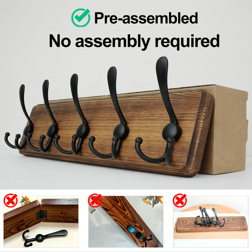 Rustic Coat Rack Wall Mount, Solid Wood Coat Hooks Wall Mounted Coat Hanger, 16" Hole to Hole, Hook Rack Rail, 5 Triple