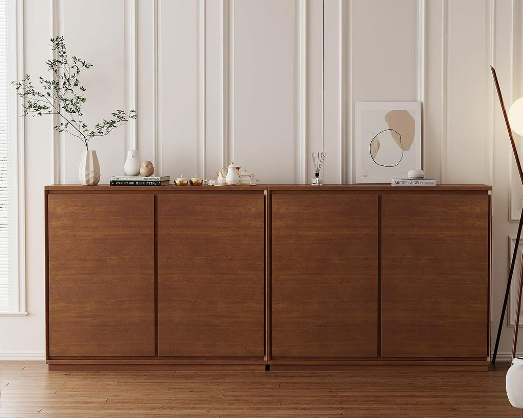 Real Wood Veneer Narrow Sideboard Buffet Modular Storage Cabinet | Real Walnut Veneer,Mid Century Modern Modular Thin