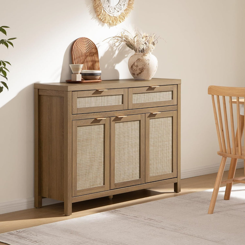 Rattan Sideboard Buffet Cabinet with Storage, Boho Credenza Accent | Storage Cabinet with 3 Doors and 2 Drawers
