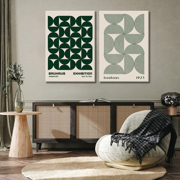 Green Bauhaus Wall Art, Mid Century Geometric Wall Decor, Set of 2 12x16 in