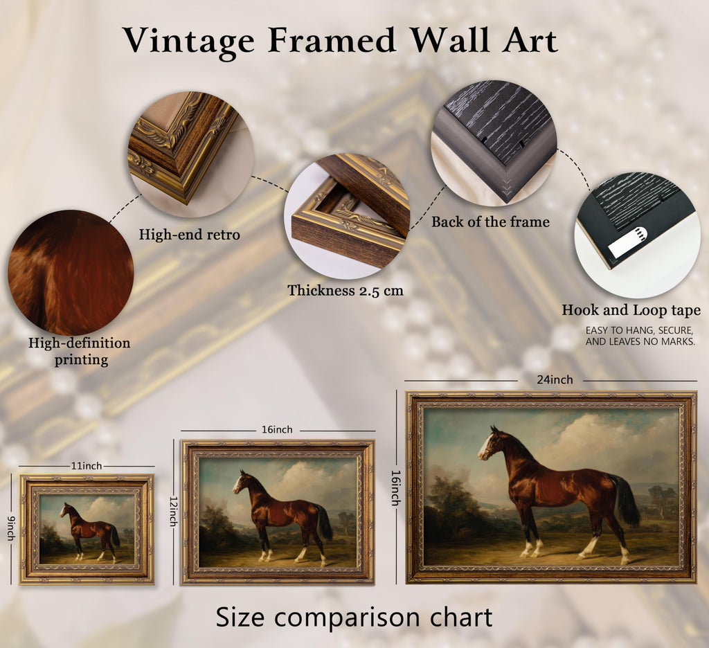 Vintage Gold Framed Horse Canvas Wall Art Farmhouse Animals Painting Picture Wall Decor Antique Picture Country