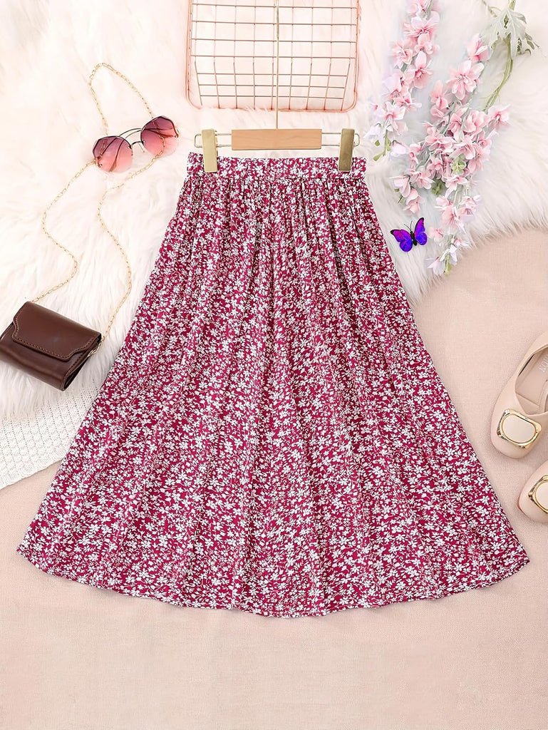 New Girls Floral Maxi Skirt Boho Flowy A-Line Summer Midi Skirt with Elastic Waist