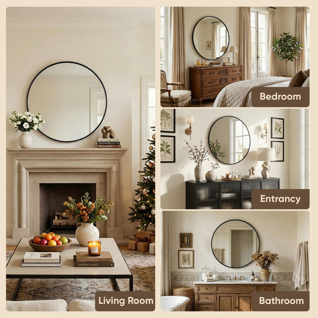 30 Inch Round Mirror for Wall, Round Bathroom Mirror, Circle Wall Mirrors with Black Metal Frame, Circle Mirrors