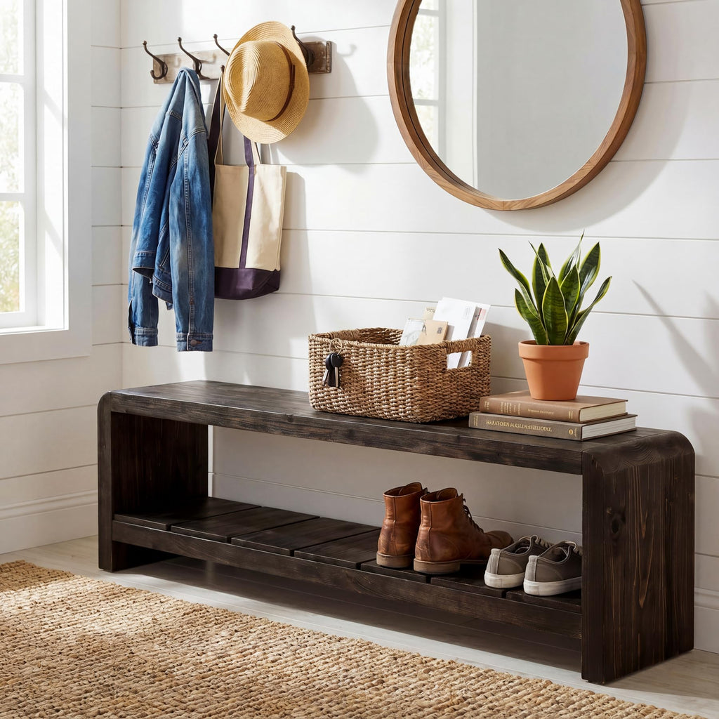 Solid Wood Entryway Bench with Shoe Storage, 59.06-Inch Long Shoe Bench with Open Shelf, Farmhouse End of Bed Seating