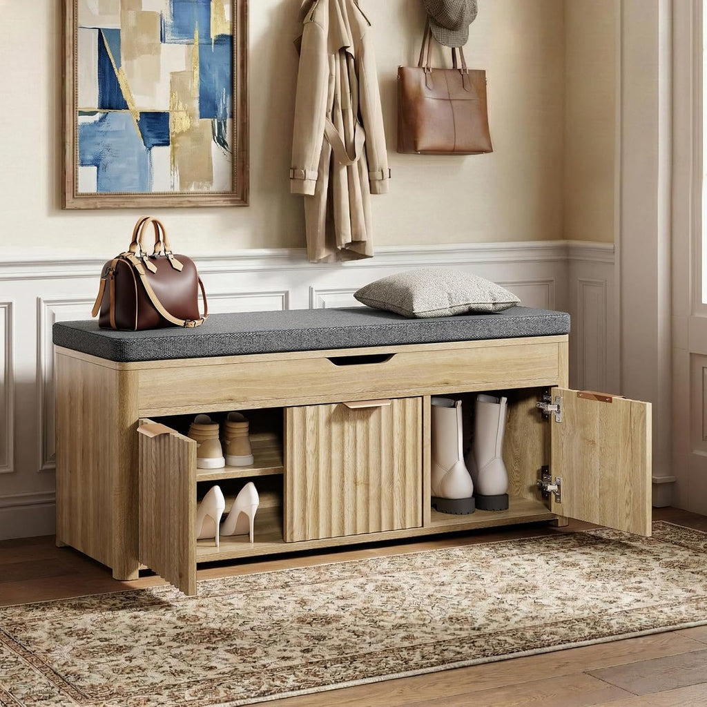 37.4" W Shoe Bench with Storage, Lift Top Entryway Bench, Natural | 2-Tier Adjustable Shoe Rack with Cushioned Seat