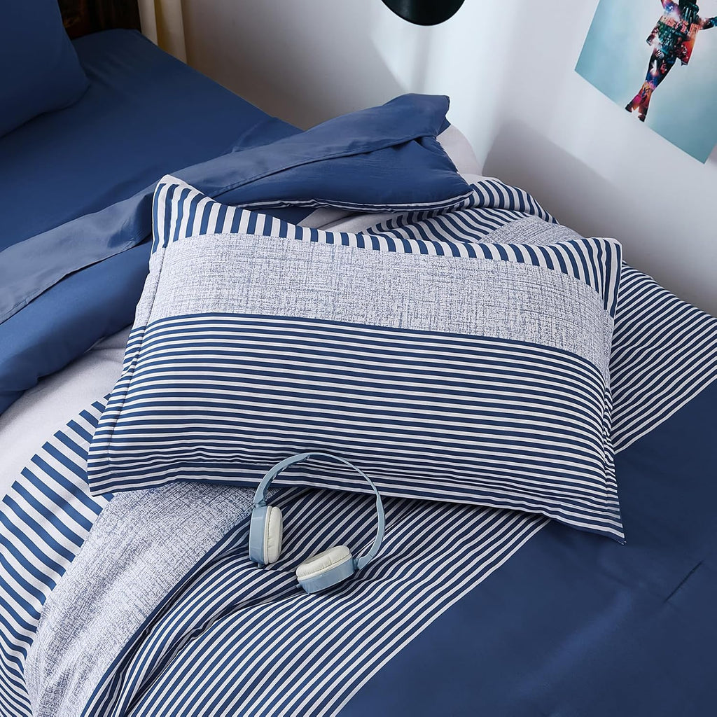 Twin Comforter Navy Blue Striped Comforters for Boys&Girls,5 Pieces Bed in A Bag Simple Neutral-Style Bedding Sets