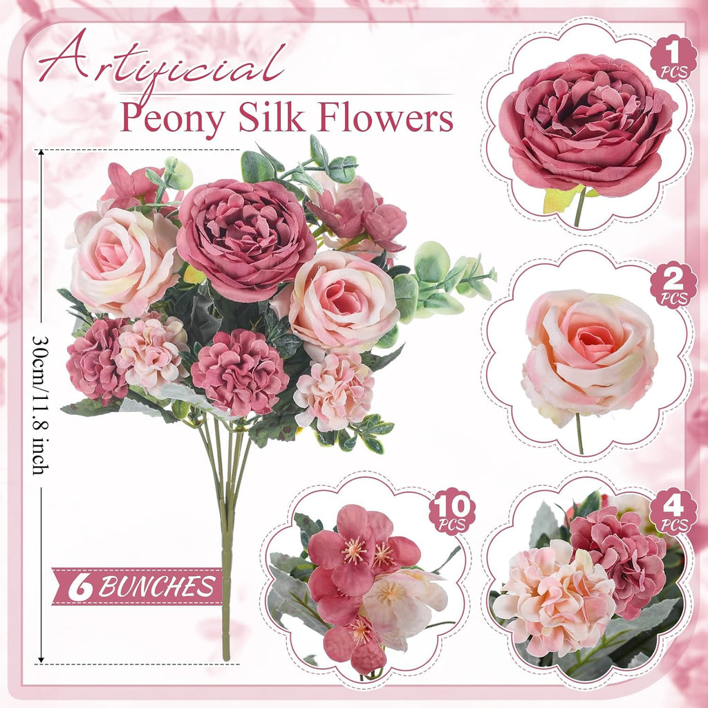 6 Pcs Artificial Peony Silk Florals Fake Mix Silk Peony Rose Faux Flower Hydrangea Bouquet Elegant Realistic Wedding