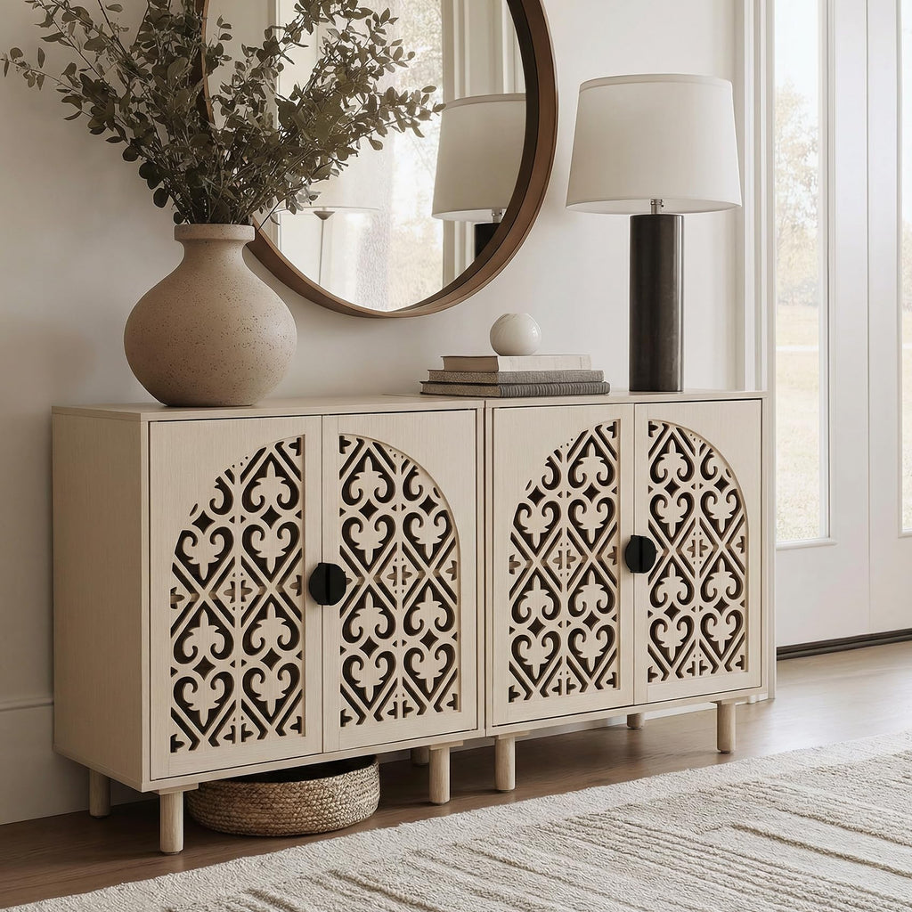 2 Doors Decorative Hollow Carved Storage Cabinet Sideboard, Natural, 1pc.
