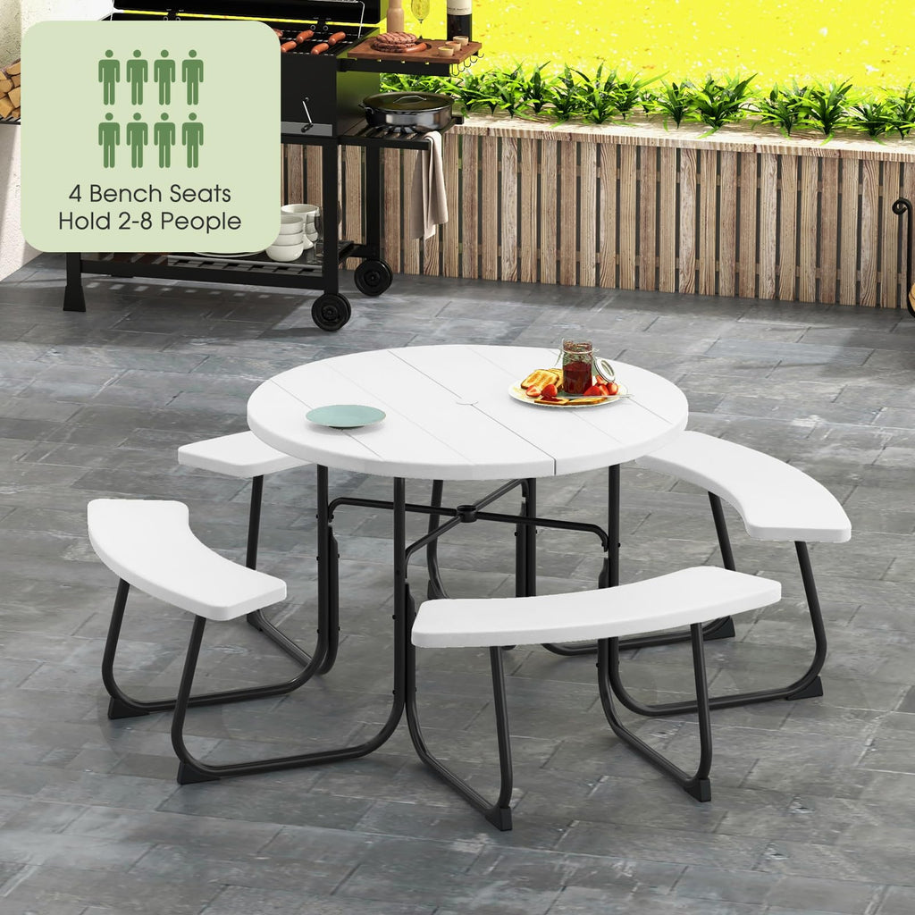 Picnic Table Set for Up to 8 Persons, Round Outdoor Table and Bench Set with Umbrella Hole, HDPE Top & Metal Frame
