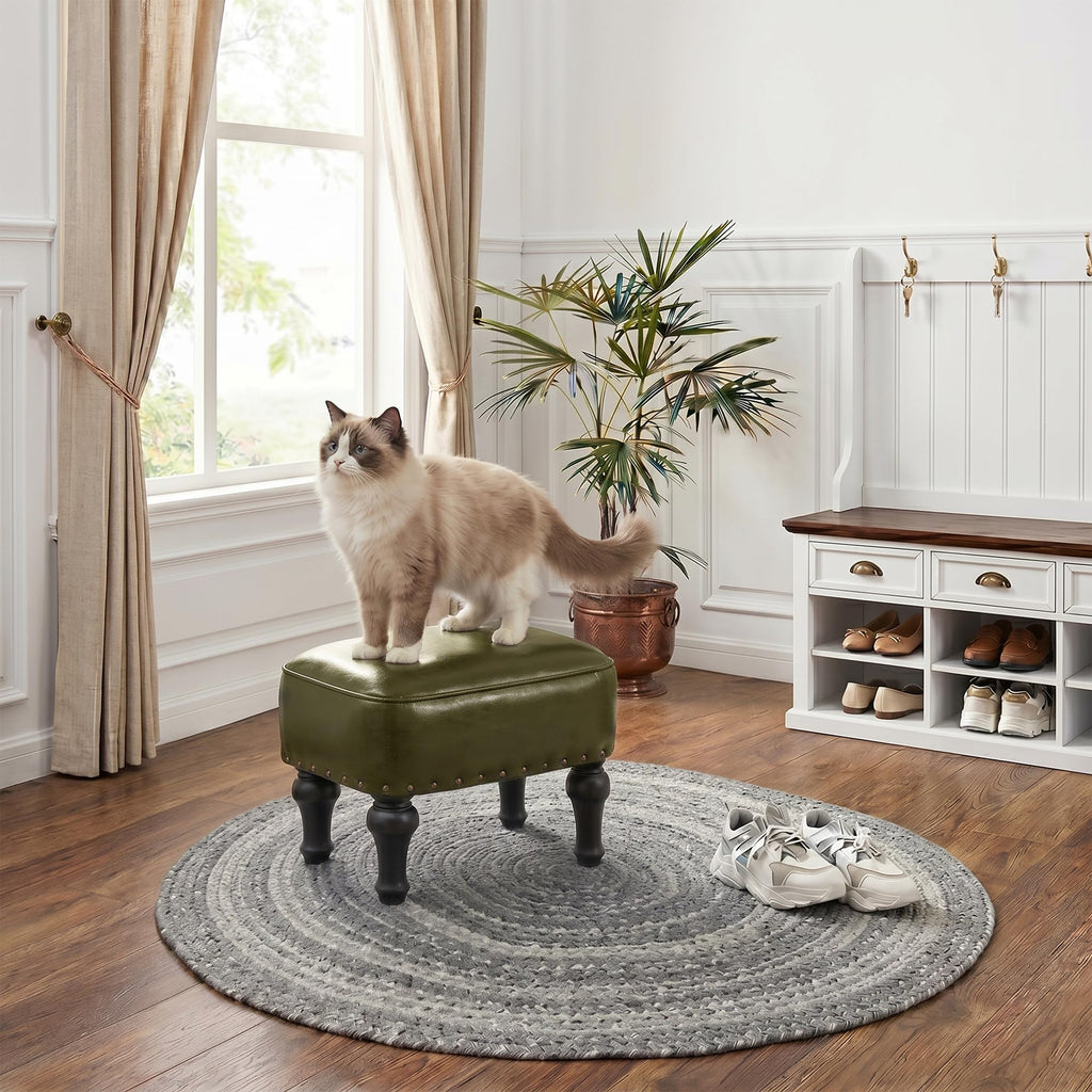 Ottoman Leather Footrest, Vintage Footstool with Hidden Storage, Thickened Foam Upholstered Seat, Solid Beechwood