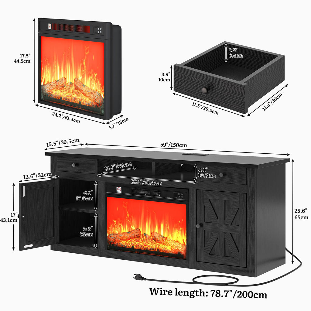 59" TV Stand with Electric Fireplace, Power Strips, Black