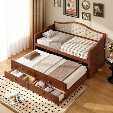 Wood Daybed Twin Size with Trundle and 2 Storage Drawers, Walnut