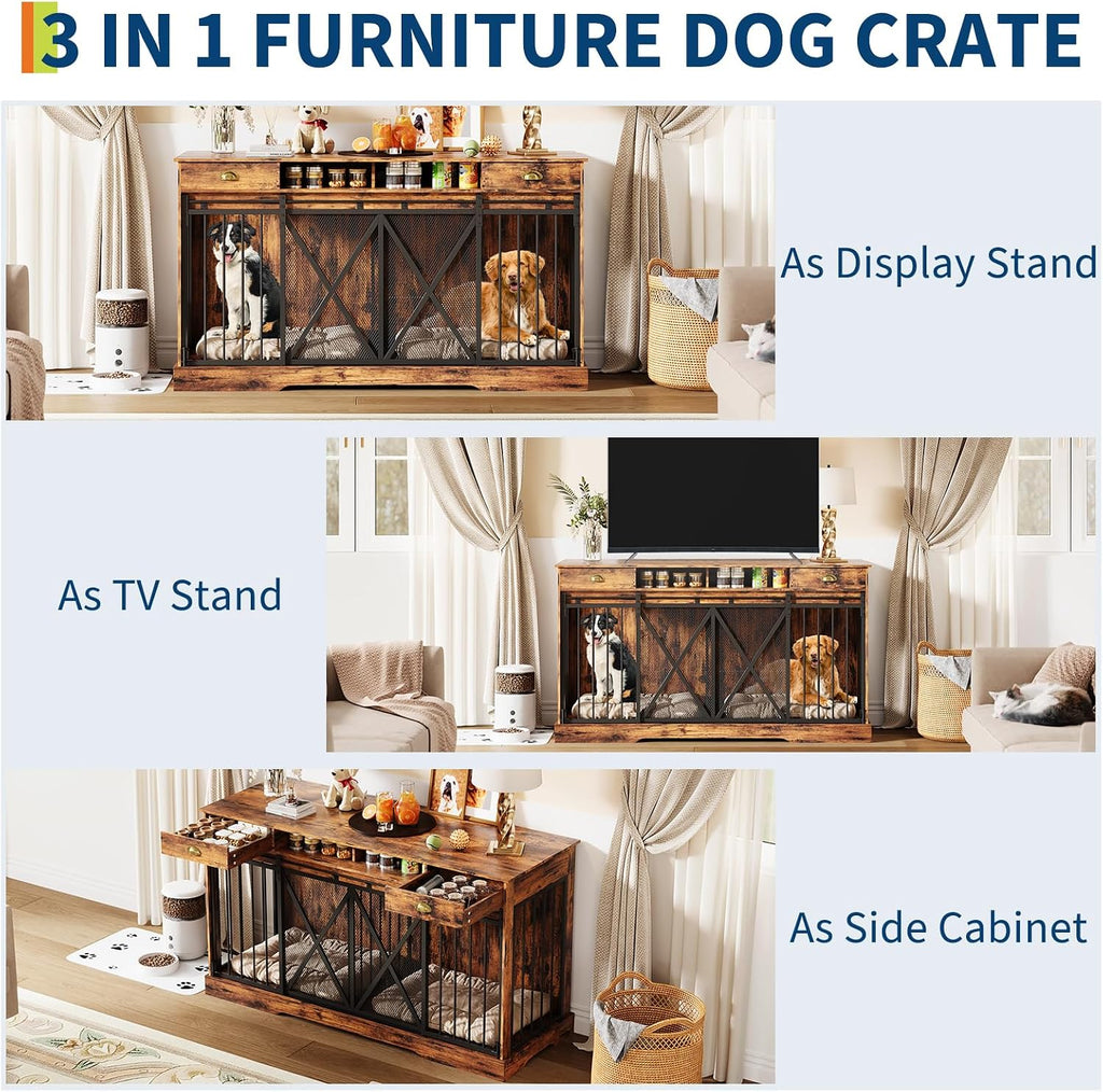 Dog Crate Furniture with Removable Divider, 3-in-1 Wooden Dog Kennel Furniture for 2 Dogs with Sliding Barn Door