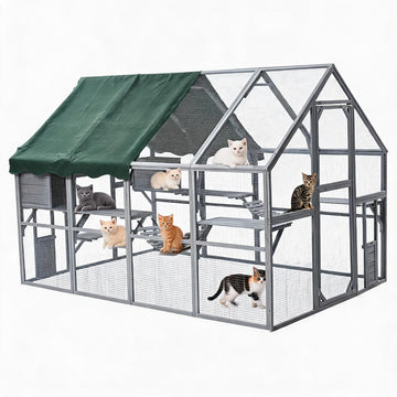 Large Wooden Outdoor Catio Cat Enclosure 110 Inch Weatherproof Walk-in Cat House with Resting Boxes & Bridges